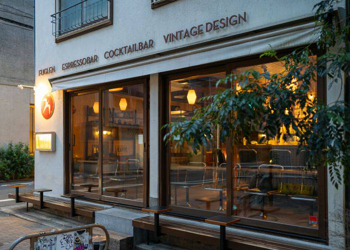 The modern exterior of Fuglen Asakusa, looking into the minimal decor of this Asakusa-based cafe.